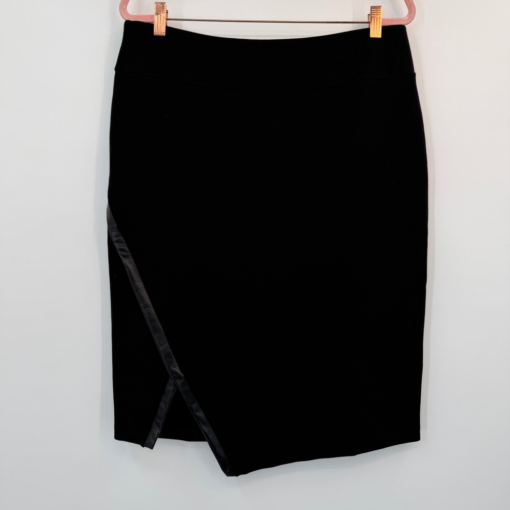 Susan Graver Black Ponte Knit Asymmetrical Faux Leather Trim Pencil Skirt Medium